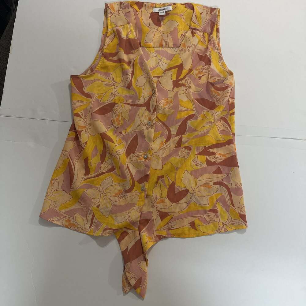 Nine West Yellow and Pink Floral Sleeveless Tie-Front Button-Down Blouse